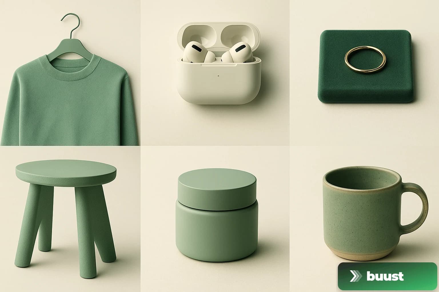 Six product categories in a unified Buust palette as a collage: fashion, tech, jewellery, furniture, cosmetics, and handmade